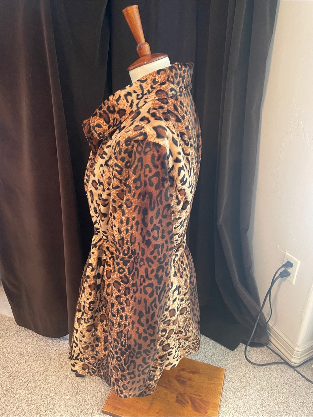 VENUS Leopard Print Belted Faux Fur Pea Coat - Brown - Picture 3 of 5